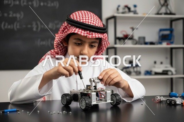 طفل سعودي يجمع روبوت في فصل تعليمي