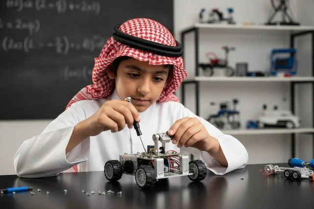 طفل سعودي يجمع روبوت في فصل تعليمي