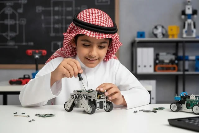 طفل سعودي يجمع روبوت في فصل تعليمي