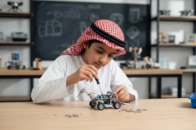 طفل سعودي يصنع روبوت في فصل دراسي