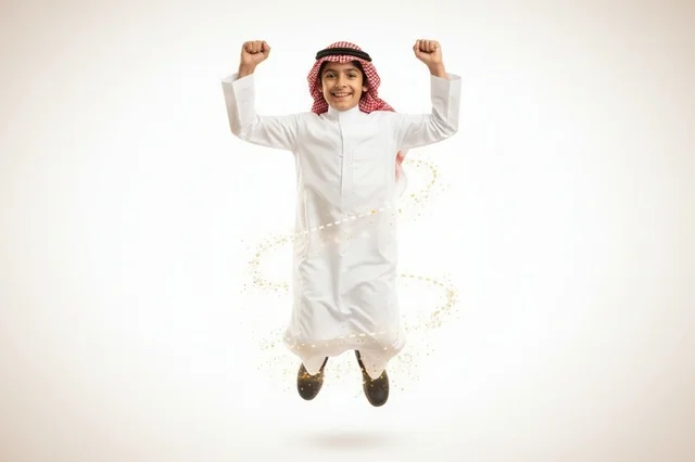 طفل سعودي بالثوب التقليدي يقفز فرحاً