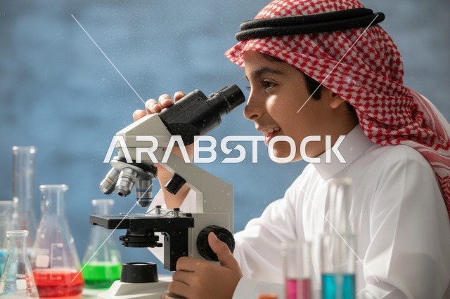 طالب سعودي يستخدم المجهر في مختبر العلوم