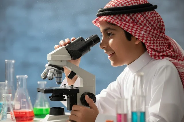 طالب سعودي يستخدم المجهر في مختبر العلوم