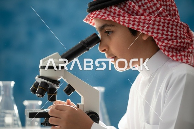 طالب سعودي يستخدم المجهر في مختبر العلوم