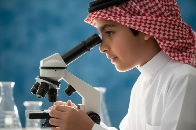 طالب سعودي يستخدم المجهر في مختبر العلوم
