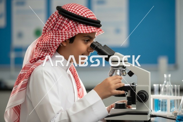 Saudi Boy Using Microscope in Science Laboratory