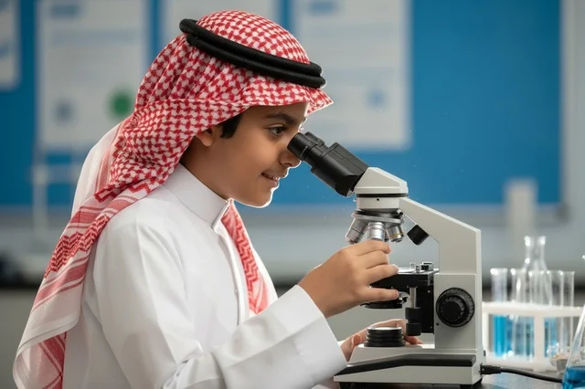 Saudi Boy Using Microscope in Science Laboratory