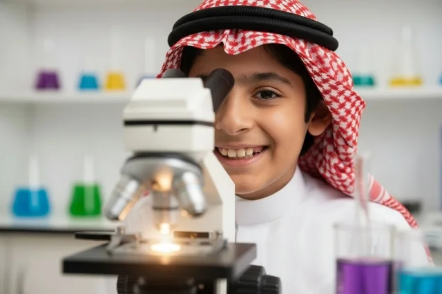 A Saudi child uses a microscope in the science lab.