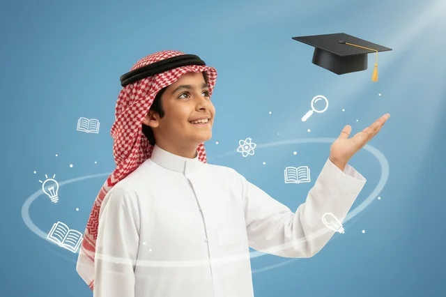 A Saudi child in traditional attire with a graduation cap.