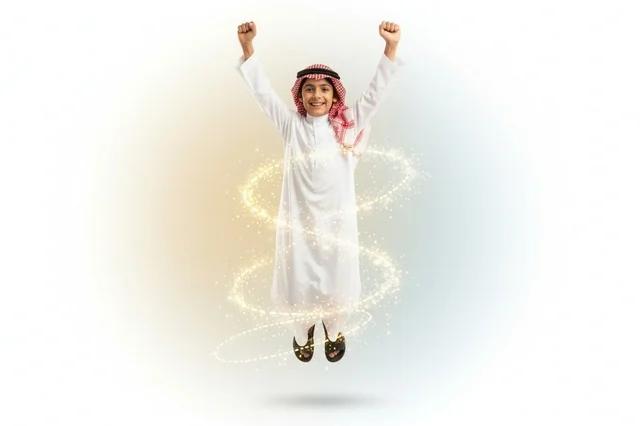 A Saudi child in traditional dress jumps in celebration of success.