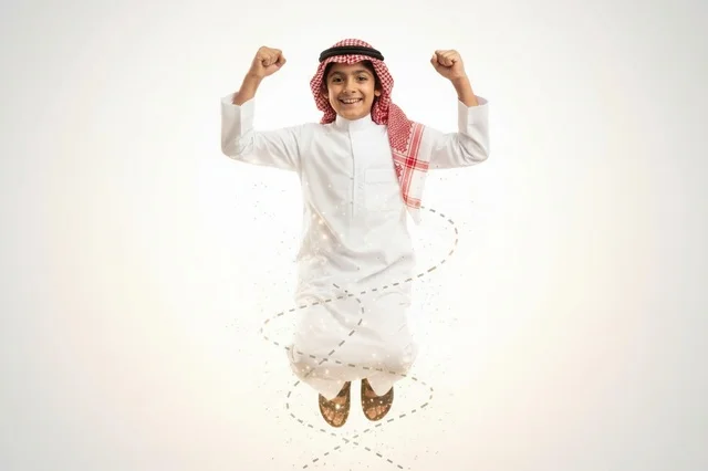 Saudi Boy Jumping in Traditional National Dress