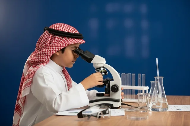 A Saudi child uses a microscope in the science lab.