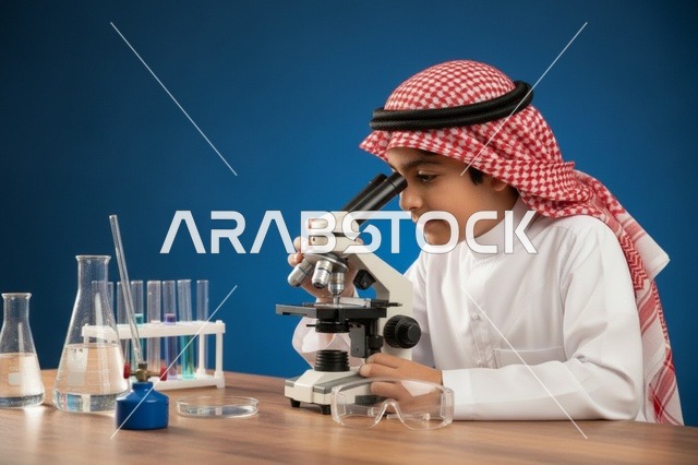 طفل سعودي يستخدم المجهر في مختبر العلوم