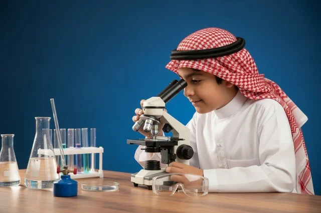 طفل سعودي يستخدم المجهر في مختبر العلوم