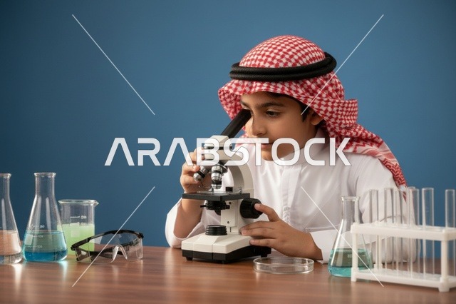 طفل سعودي يستخدم المجهر في مختبر العلوم