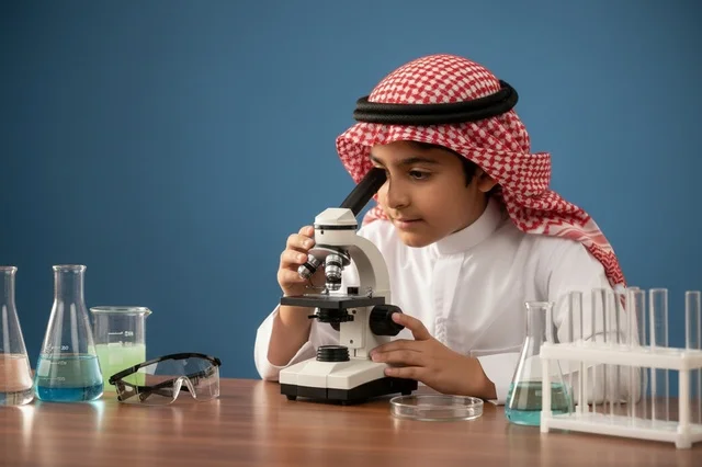 طفل سعودي يستخدم المجهر في مختبر العلوم