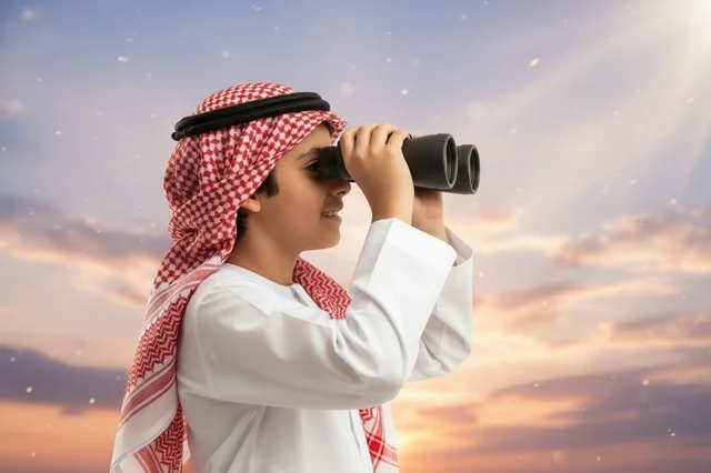 طفل إماراتي بالزي التقليدي والمنظار وقت الغروب