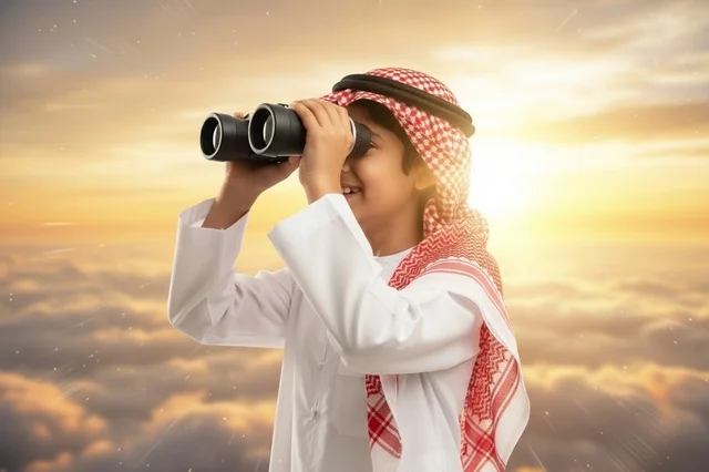 طفل سعودي بالثوب التقليدي يستخدم المنظار وقت الغروب
