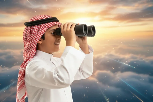 طفل سعودي بالثوب التقليدي ينظر عبر المنظار وقت الغروب