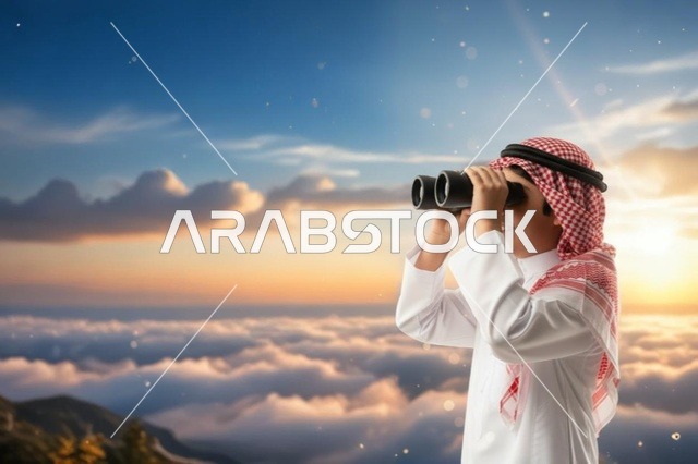 رجل سعودي يستخدم المنظار فوق السحاب وقت الغروب