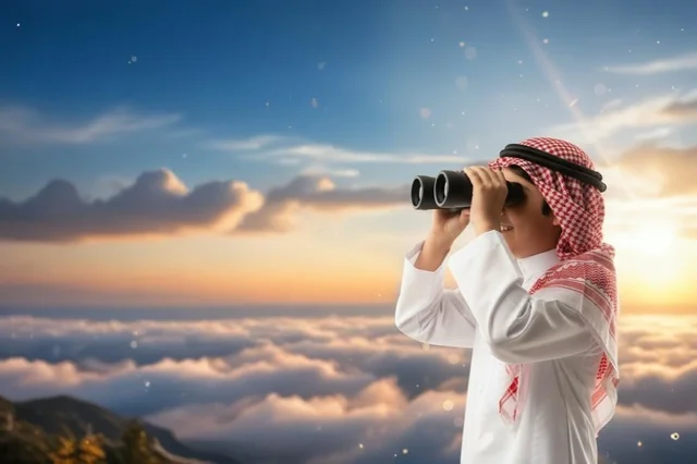Saudi Man with Binoculars looking over Clouds at Sunset