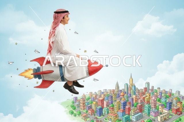 رجل سعودي يرتدي الثوب التقليدي يطير فوق مدينة مرسومة