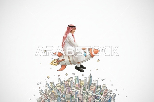 طفل سعودي يركب صاروخ فوق مدينة مرسومة