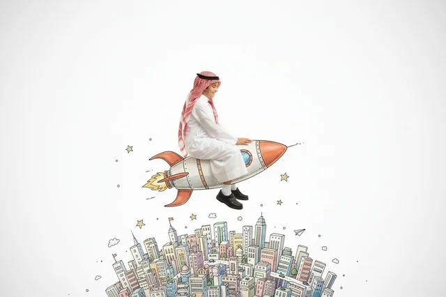Saudi Boy Riding Rocket Over Skyscraper Illustration