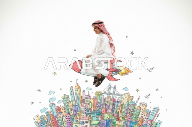 طفل سعودي يركب صاروخ فوق مدينة مرسومة