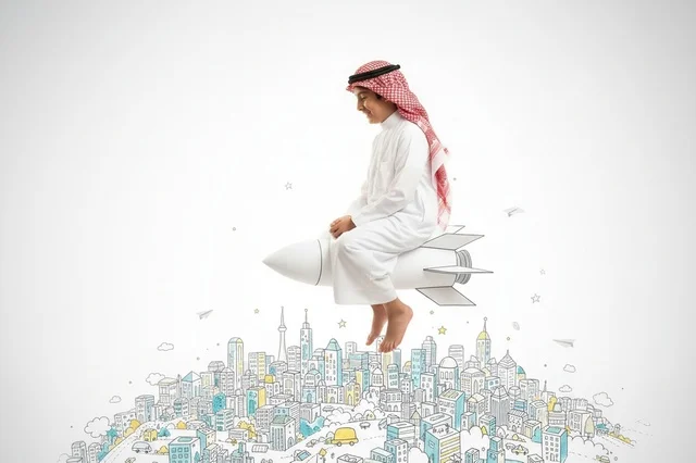 طفل سعودي بالزي التقليدي يجلس على صاروخ خيالي