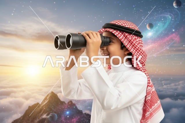 Saudi Boy Using Binoculars With Space Background