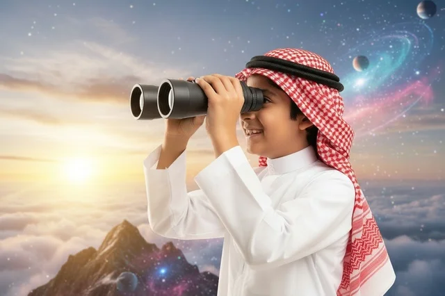 Saudi Boy Using Binoculars With Space Background