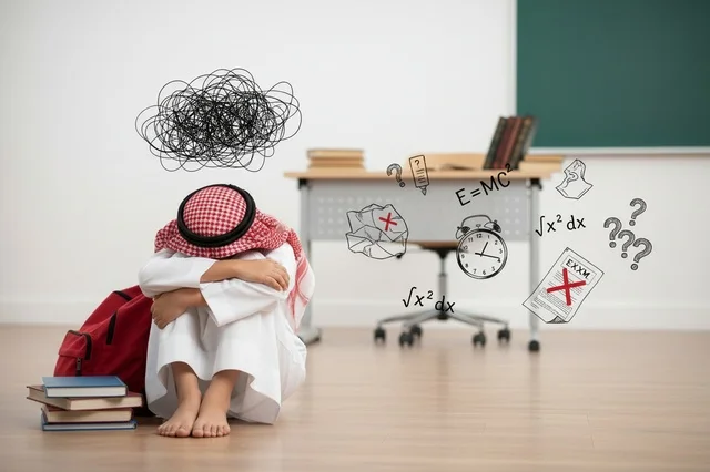 طالب سعودي قلق في الفصل الدراسي مع رسوم تعليمية