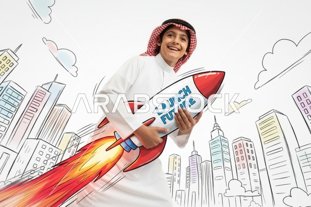 طفل سعودي يحمل مجسم صاروخ نحو المستقبل