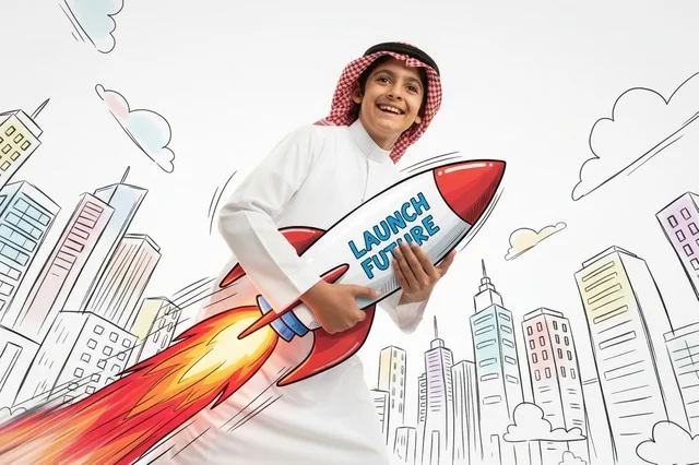 طفل سعودي يحمل مجسم صاروخ نحو المستقبل