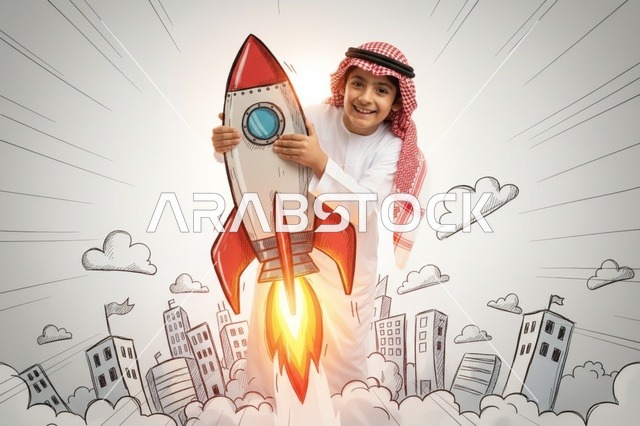 طفل سعودي يحمل مجسم صاروخ مفهوم الطموح والنجاح