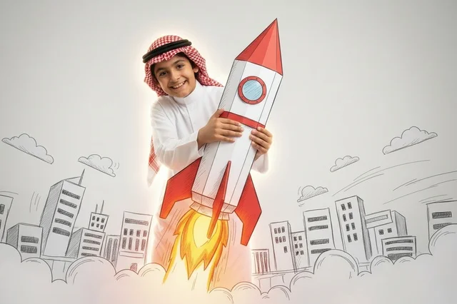 Saudi Boy in Traditional Dress Holding Toy Rocket