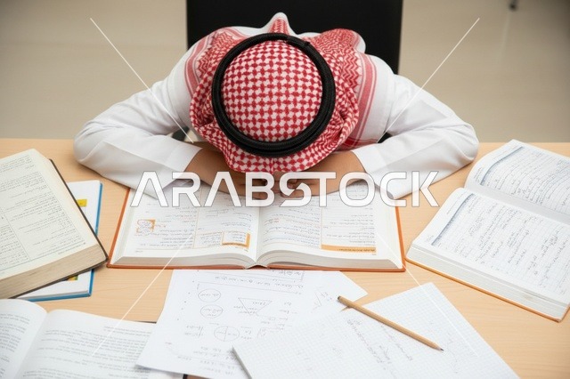 طالب سعودي مرهق أثناء المذاكرة فوق الكتب على المكتب