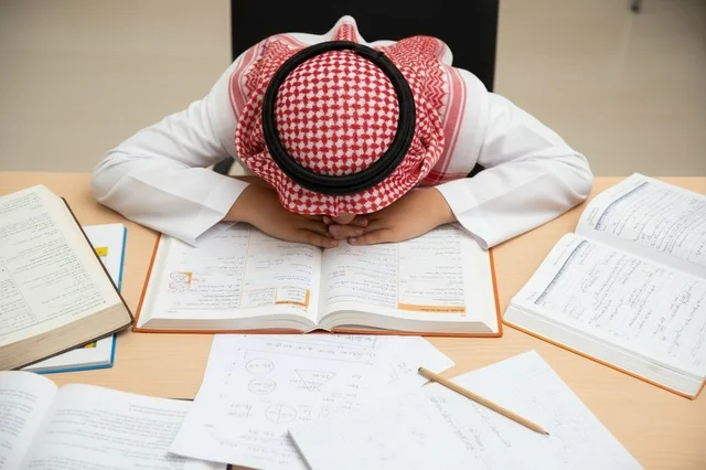 طالب سعودي مرهق أثناء المذاكرة فوق الكتب على المكتب