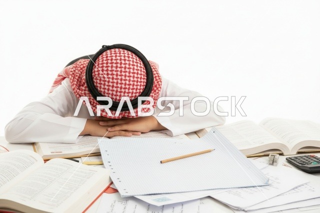 طالب سعودي متعب ينام على الكتب الدراسية