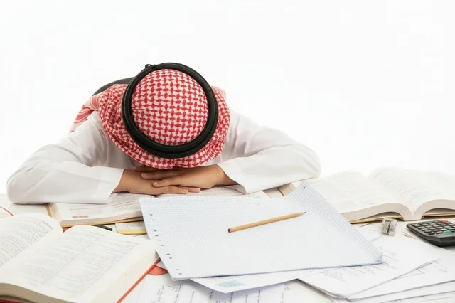طالب سعودي متعب ينام على الكتب الدراسية