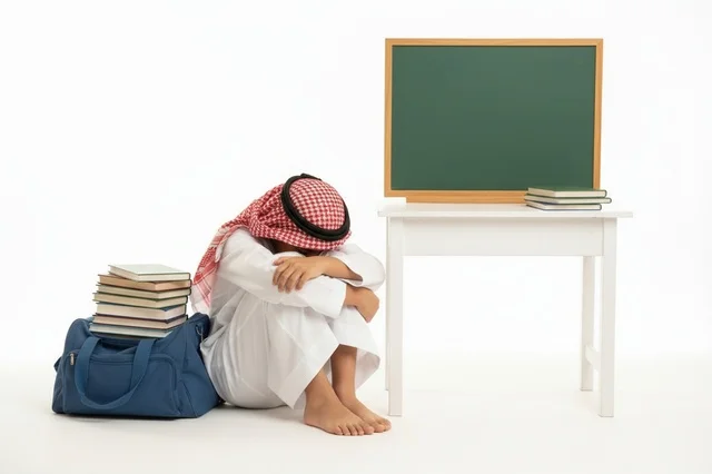 طفل سعودي بالثوب التقليدي حزين بجانب الأدوات المدرسية