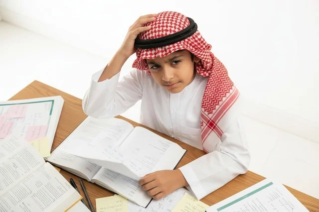 Saudi Boy Studying in Traditional Thobe at Desk
