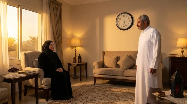 An Arab couple at a Ramadan iftar table.