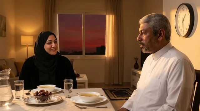 An Arab couple at a Ramadan iftar table.