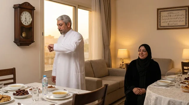 An Arab couple at a Ramadan iftar table.