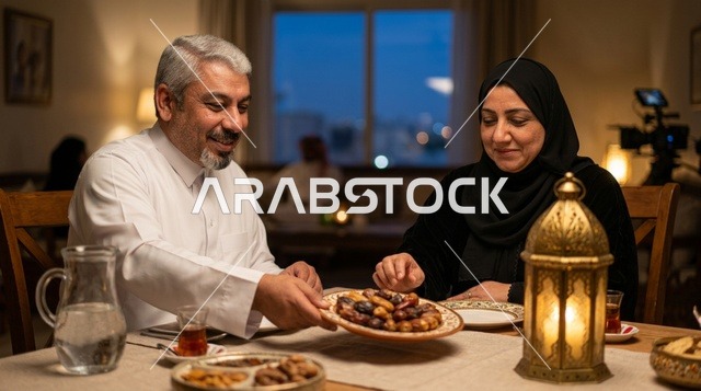 زوجان عربيان يجهزان مائدة الطعام للإفطار في رمضان
