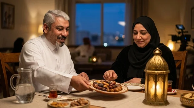 زوجان عربيان يجهزان مائدة الطعام للإفطار في رمضان