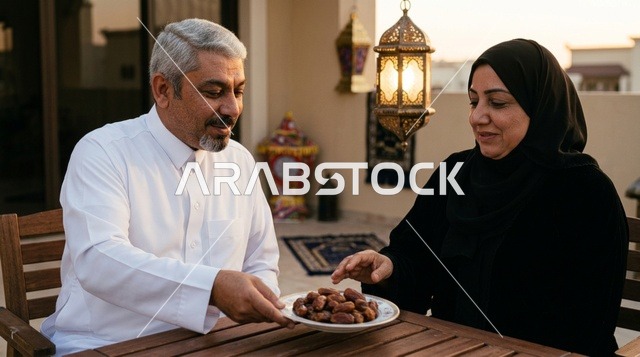 An Arab couple is preparing the dining table for iftar during Ramadan.