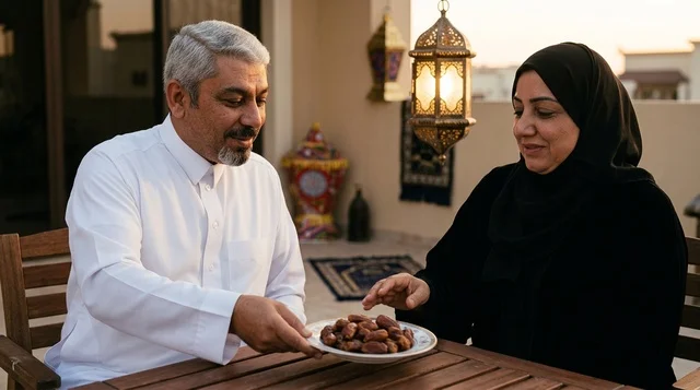 An Arab couple is preparing the dining table for iftar during Ramadan.